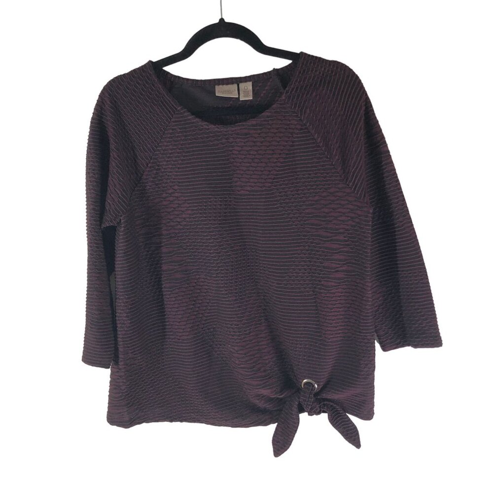 Chicos Easywear Textured Knit Top Front Tie 3/4 Sleeve Plum Size 0 (US Size S)